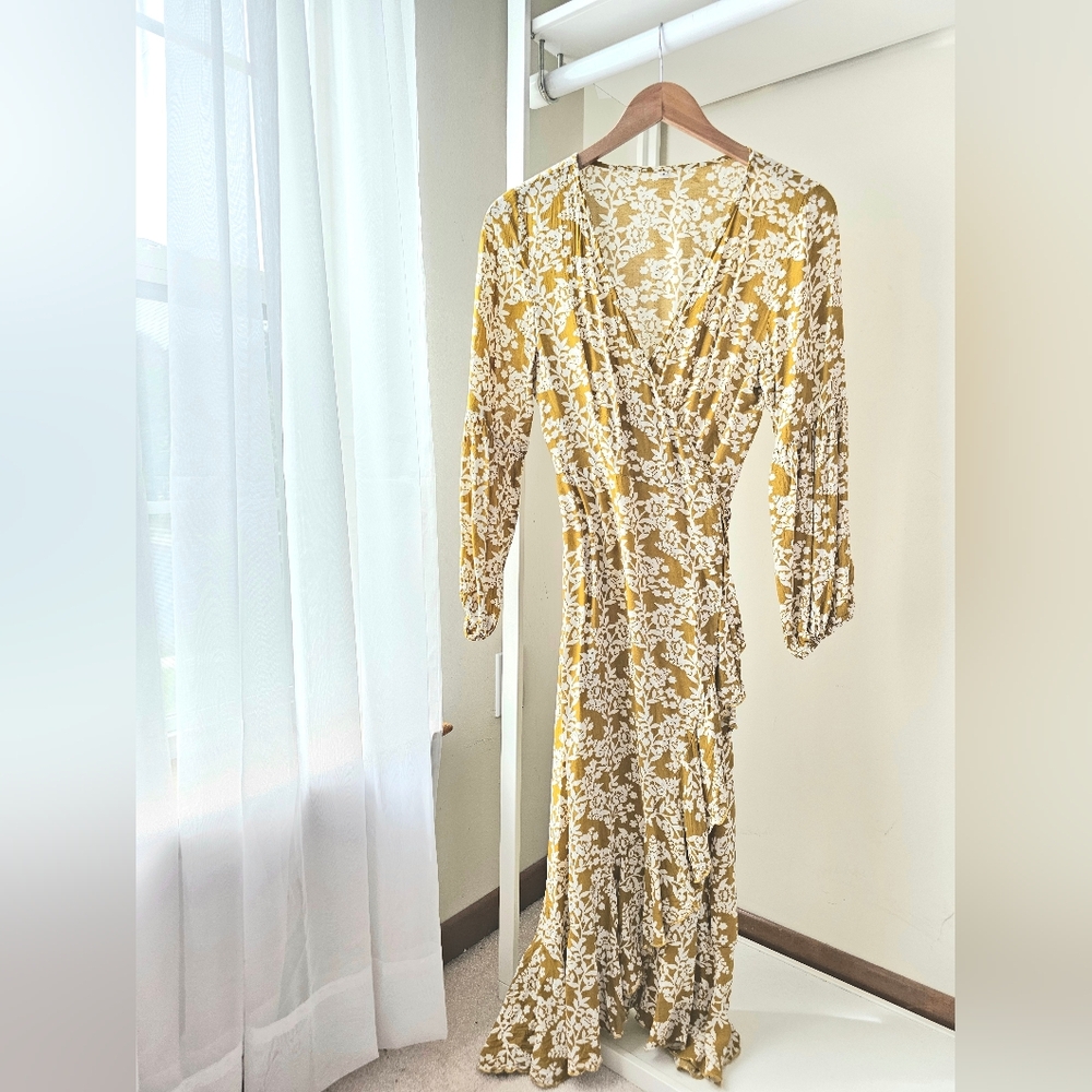 Flowy Floral Wrap Dress in Mustard and Cream
